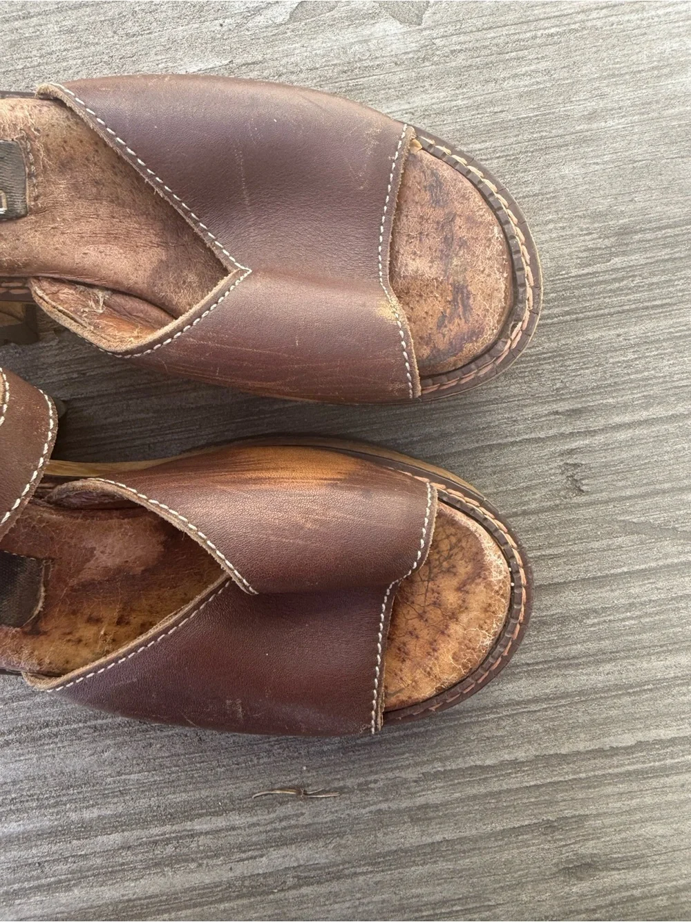 VTG 90s London Underground Brown Leather Strappy Platform Sandal Wood Sole Sz 8